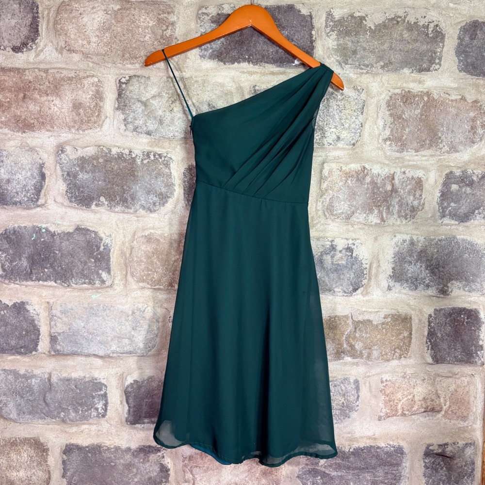 Birdy Grey Emerald Green One Shoulder Chiffon Cocktail Dress Size XS 011301